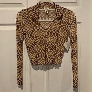 Self Esteem Brown and White Checkerboard Collared Crop Shirt